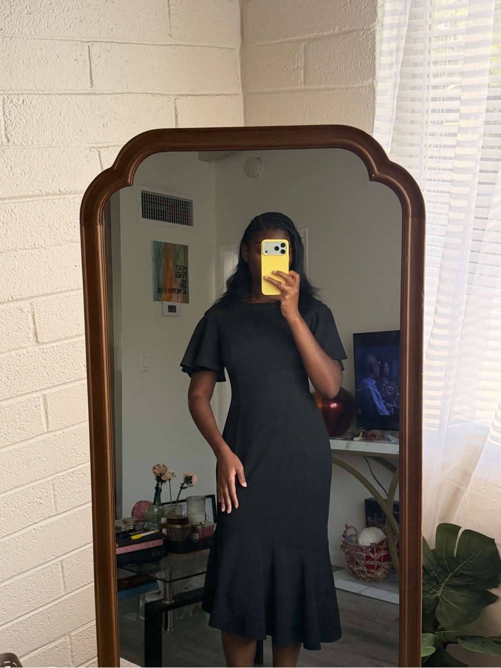 Calvin Klein Black Flutter-Sleeve Midi Dress with Flared Hem